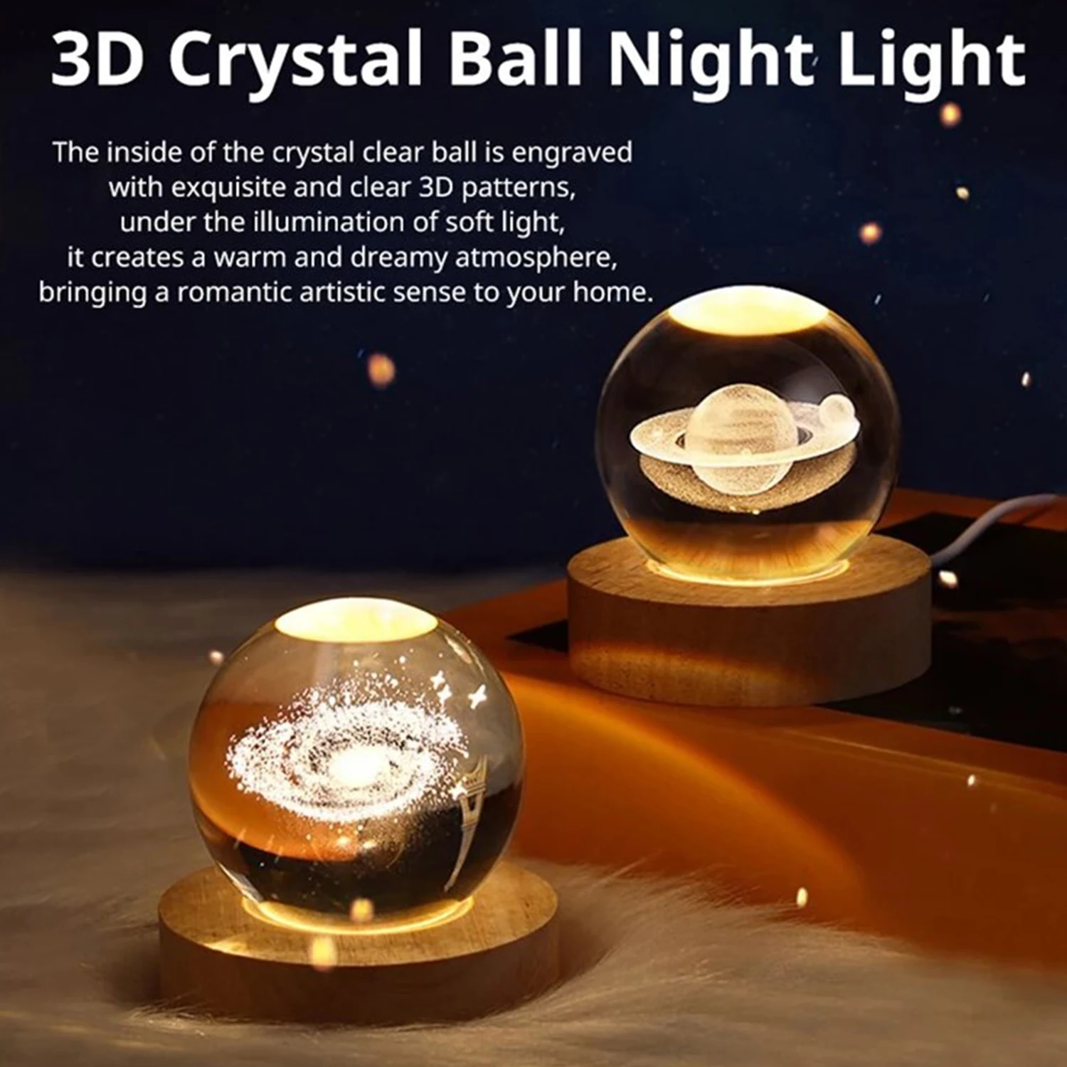3D 6cm LED Night Light Galaxy Solar System Crystal Ball With 7cm Base Children Night Lamp Bedroom Ambient Light
