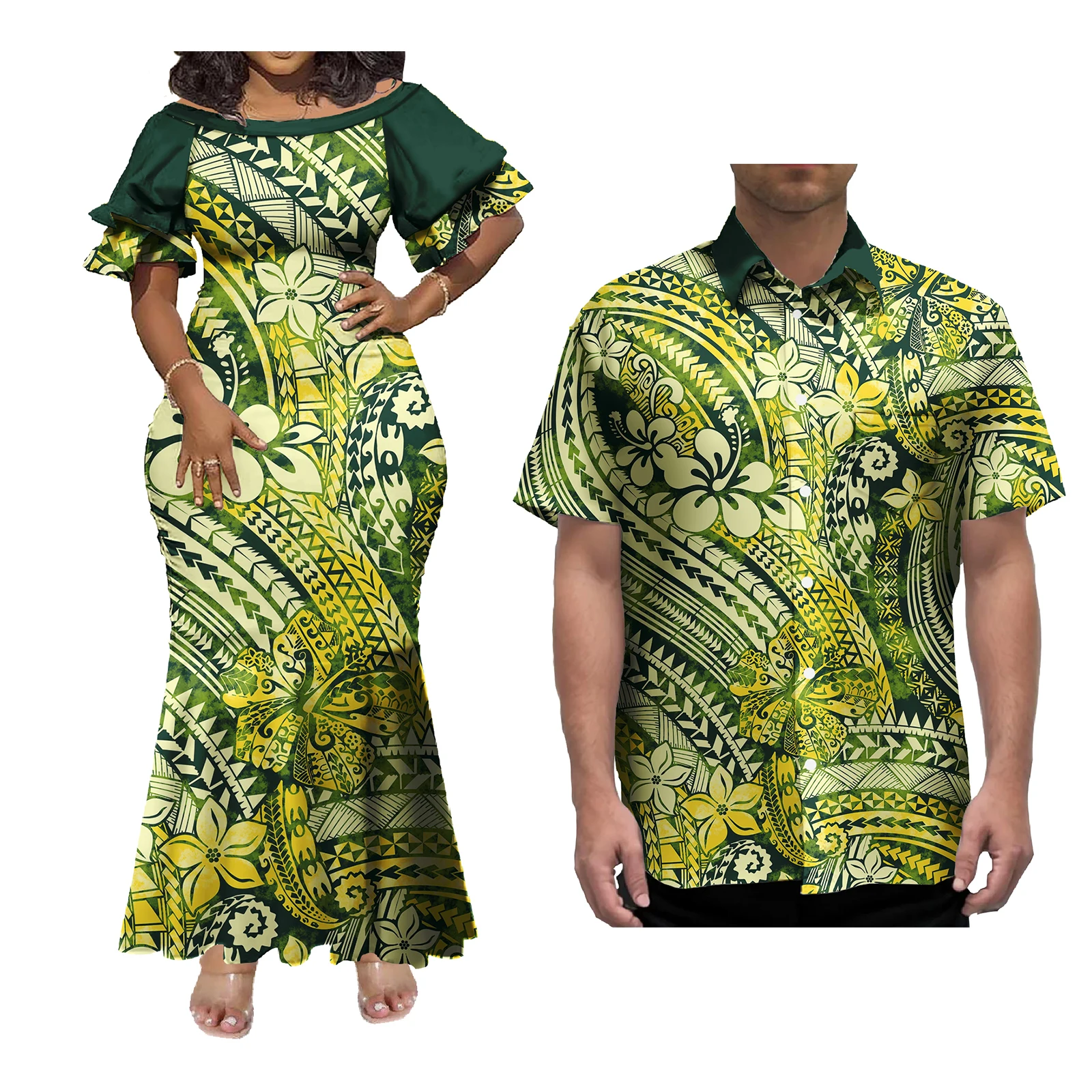 Mermaid Dress And Buttons Shirt Polynesian Couple 2 Pcs Set Plus Size Party Samoan Puletasi Matching Couple Outfits