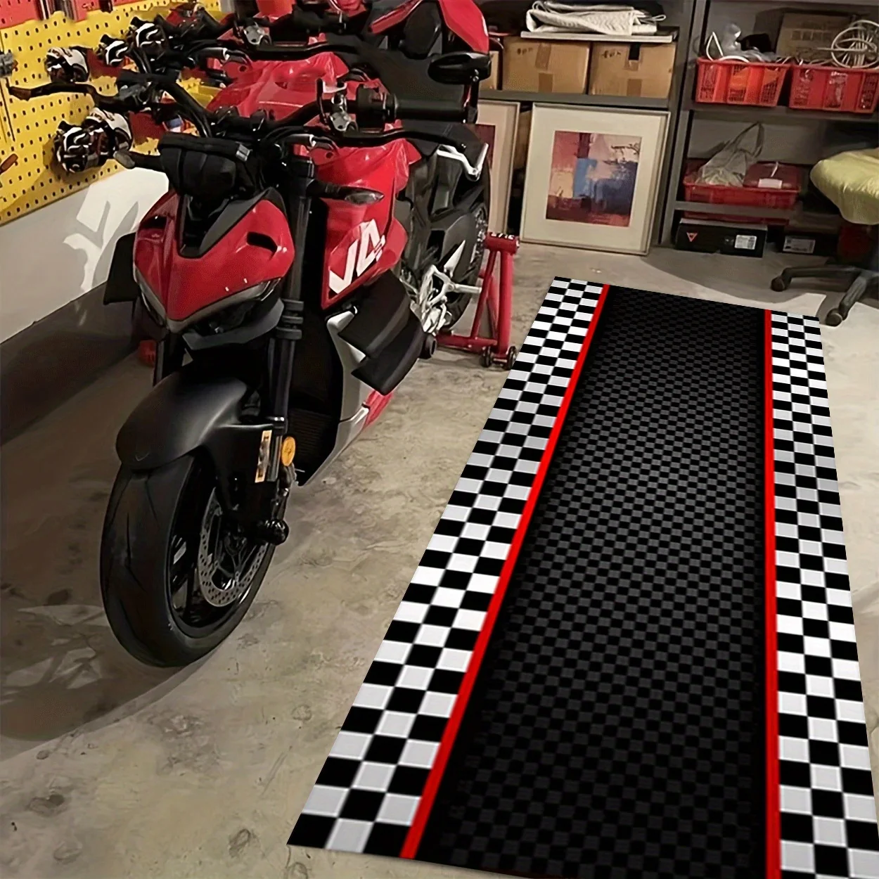 VIKAMA Racing Karierter Teppich, strapazierfähig und maschinenwaschbar, Motorrad-Präsentationsmatte, Teppich für Küche, Flur und Korridor zur Heimdekoration – Detail 1