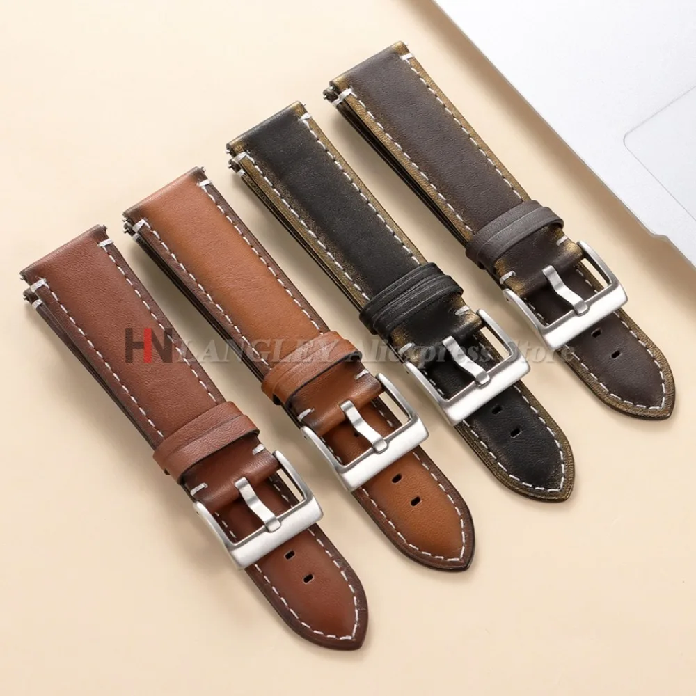 Vintage Oil Wax Leather Watch Strap with Quick Release - 20mm/22mm, Unisex Sport Bracelet