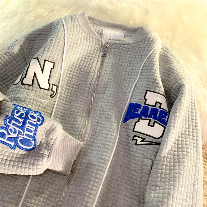 

Waffle Embroidery Hip Hop Zip Bomber Jacket Women Baseball Uniform O Neck Long Sleeve Cardigan Coat Autumn Fashion Couple Jacket