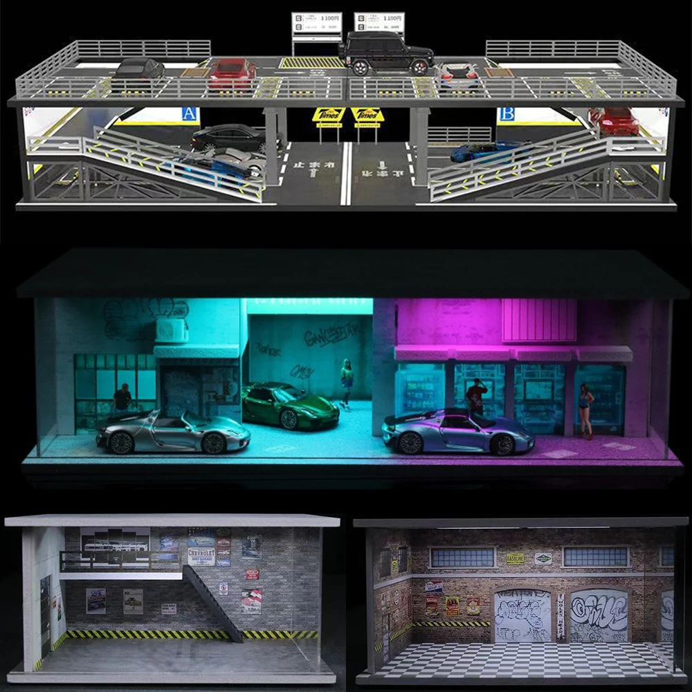 1/64 스케일 자동차 주차장 현실적인 미니어처 차고 디오라마 풍경 모델 자동차 정비소 장면 디스플레이 자동차 차고 모델 세트