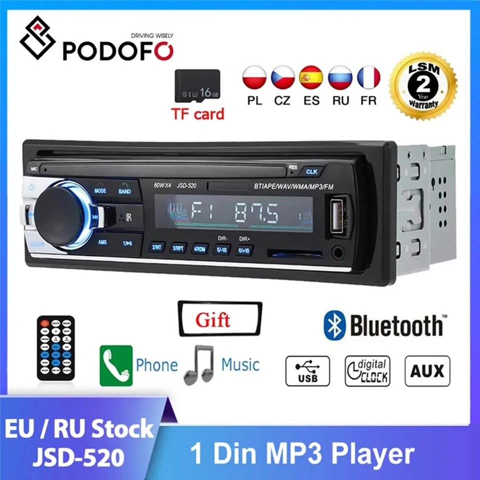 Podofo 1 Din Bluetooth Autoradio SD Radio Car 12V JSD-520 MP3 Player AUX-IN  Car Stereo FM USB Audio Stereo In-dash Radio Coche