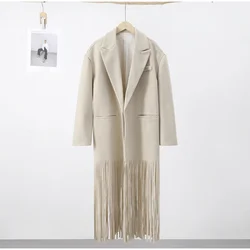 Brown Tassel Hem Women's Long Sleeve Overcoat with Turndown Collar - High Street Autumn/Winter Fashion 2024 - S (Beige)