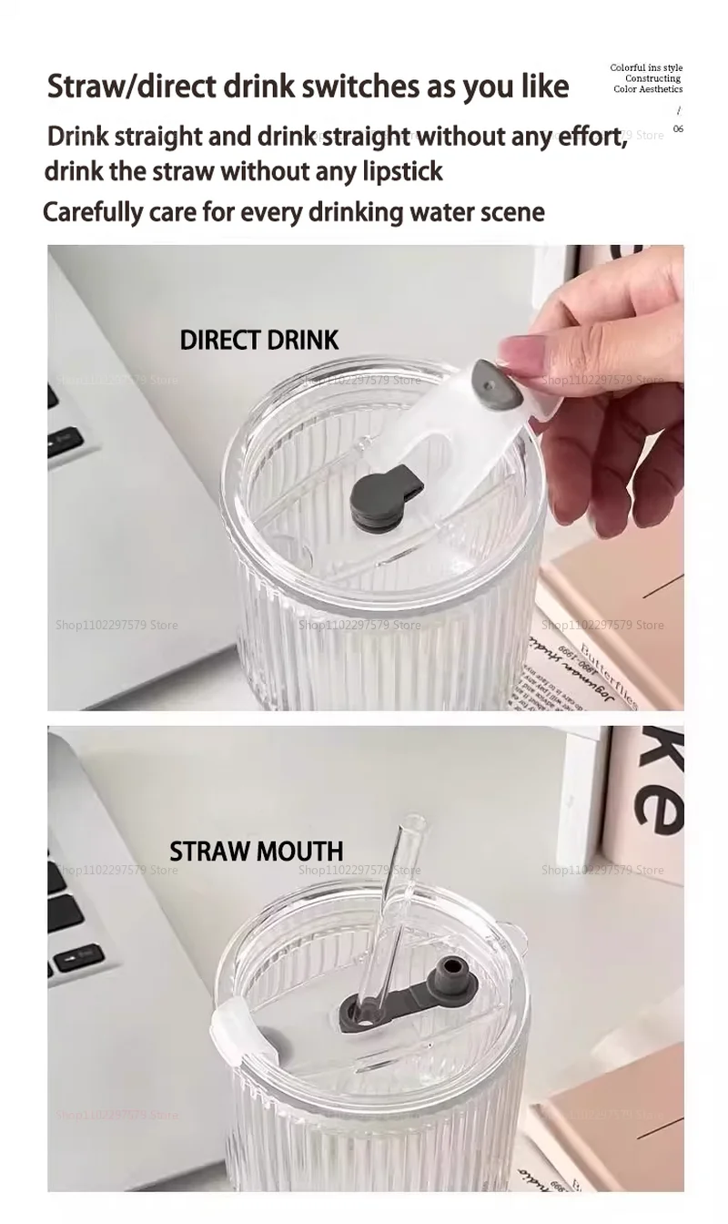 Description Picture 3 of itemHigh Capacity Cold Drink Juice Coffee Cup with Lid Straw Vertical Striped Glass Water Cup Ins Wind Durable Large Capacity