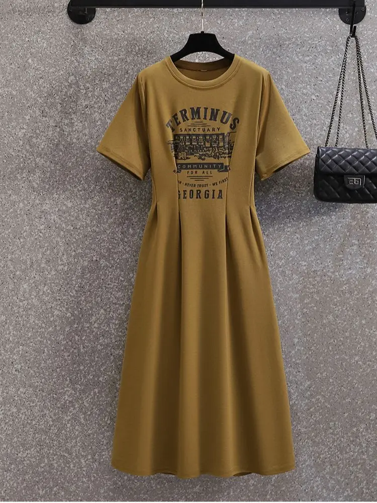 

Women Fashion Casual Print T Shirt Dress Short Sleeve O Neck Pleated Knee Ladies Dresses Female Retro Robe 2022 Summer Clothing