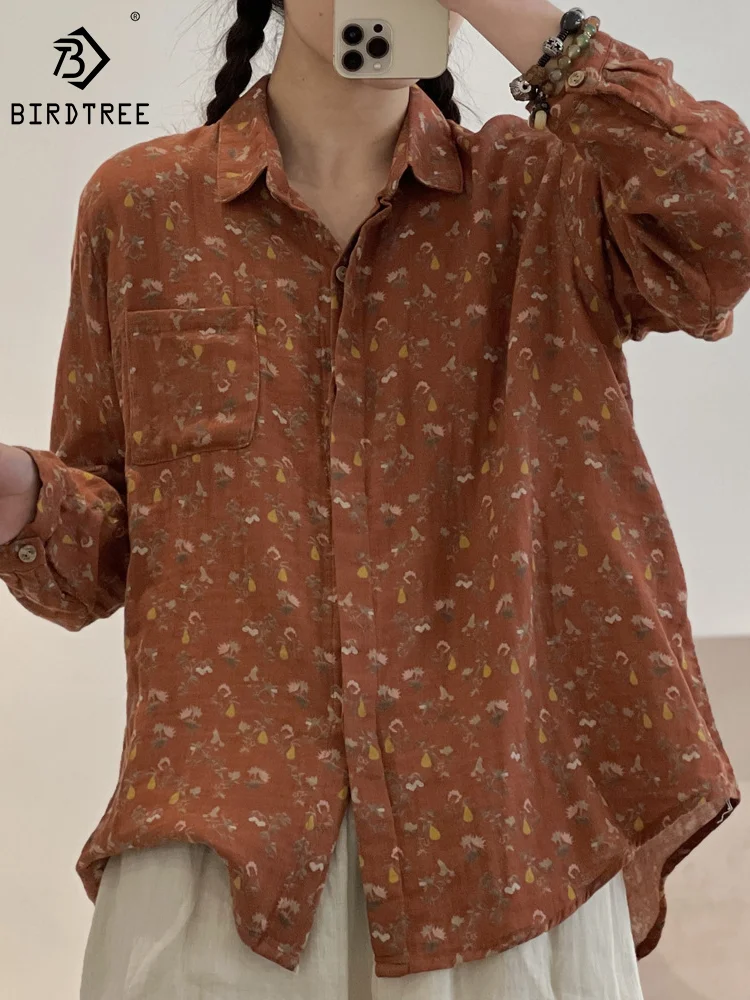 

Женская хлопковая рубашка с отложным воротником, длинным рукавом и цветочным принтом