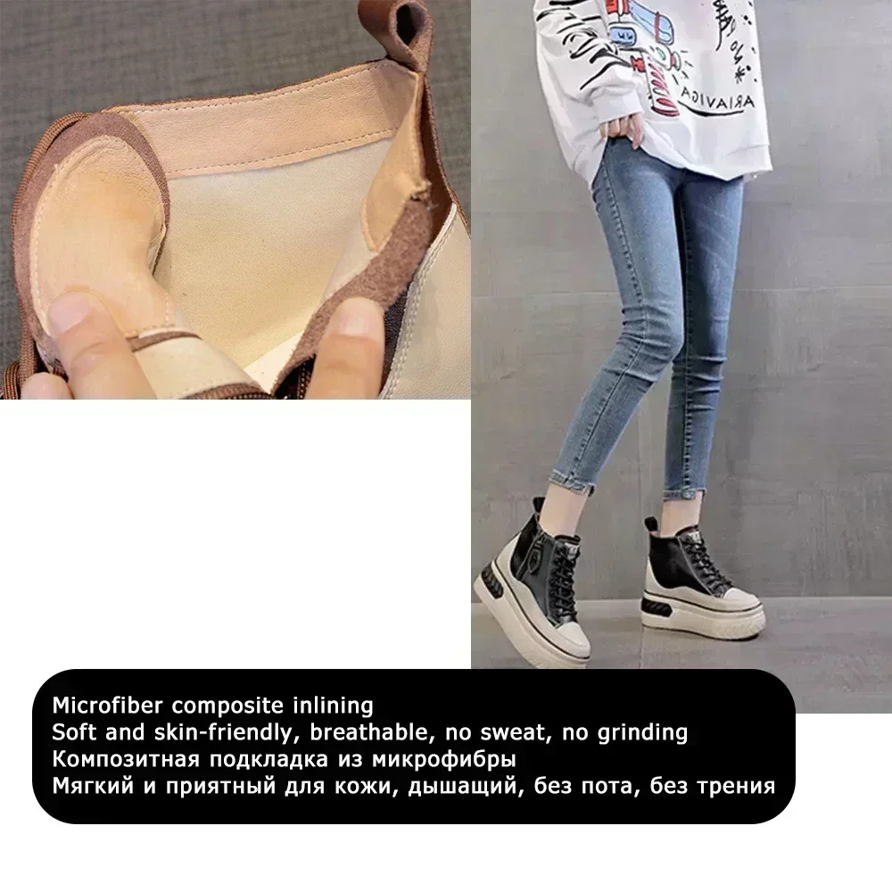 Fujin 하이탑 여성 신발, 가죽, 8cm 플랫폼 부츠, 발목 웨지 히든 힐 지퍼, 가을 따뜻한 모피 겨울 신발 스니커즈