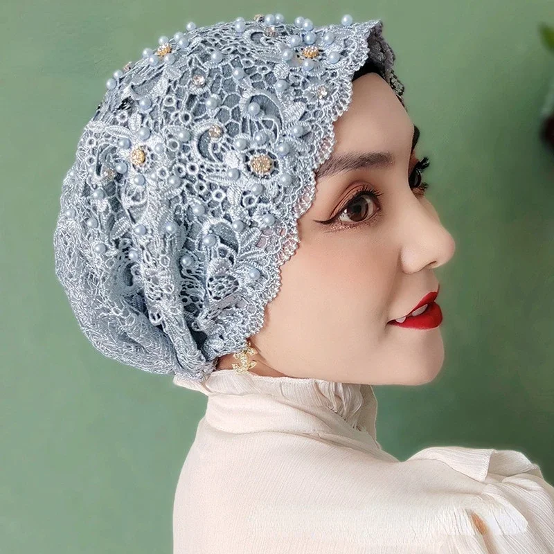 BeadingMuslimTurbanCapsLaceHeadcoverIslamicWrapHeadTurbante
