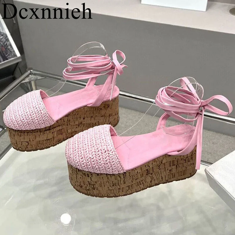 

New Flat Thick Bottom Platform Beach Sandals Women's Woven Ankle Lace Up Sweet Slope Heel Sandalias Summer Outdoor Casual Shoes