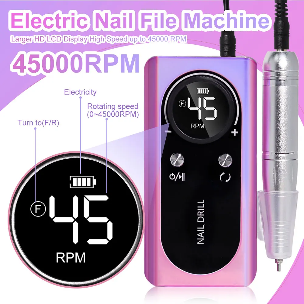 45000RPM Rechargeable Nail Drill Machine with LCD, Low Noise Professional Nail Polish Sander, Nails Accessories Set 4