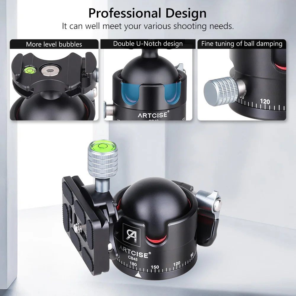 ARTCISE CB45 Low Profile Double U-Notch Ballhead 360&deg;Panoramic Professinal CNC Alloy Metal for Shooting DSLR Tripod Monopod