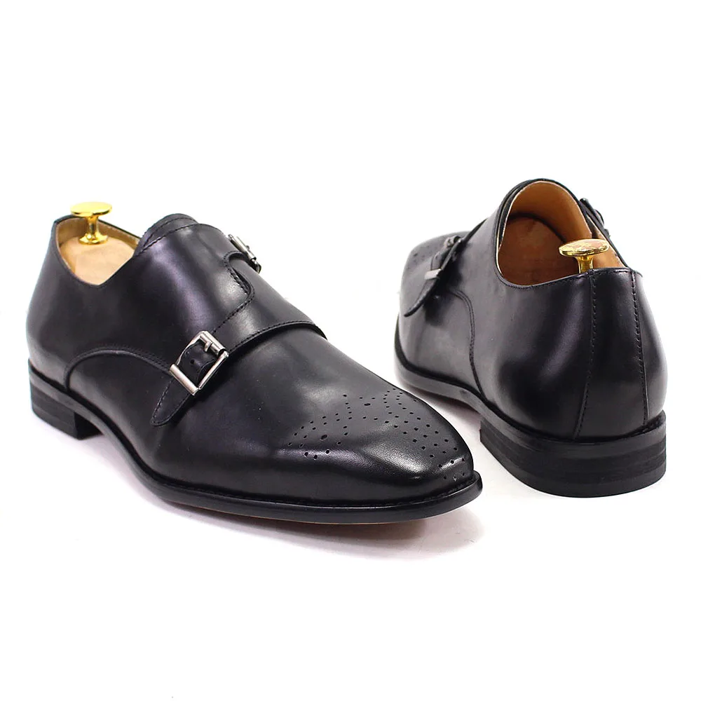 Men's handmade elegant one buckle shoes in black calf leather