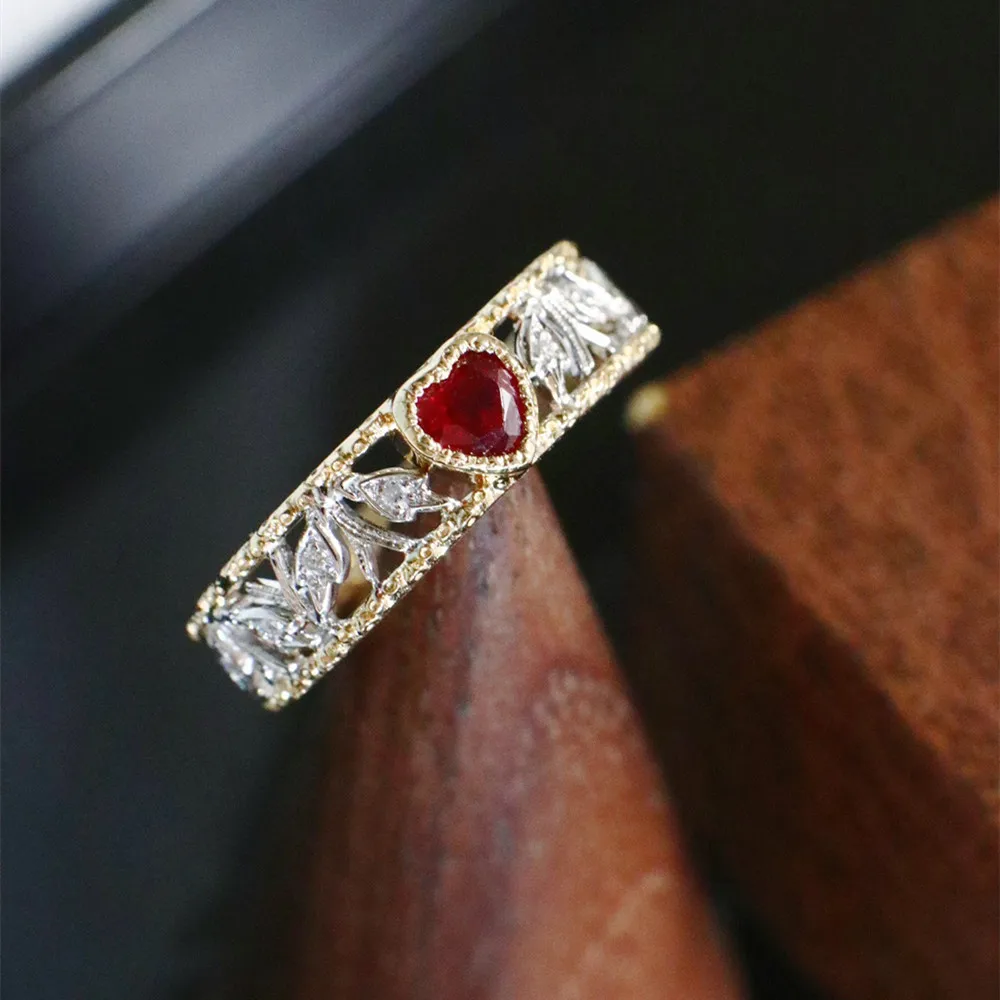UBESTNICE Palace Style Real 18K Solid White Gold Jewelry AU750 Irregular Skeleton Love Heart Natural Pigeon Blood Red Ruby Rings 2