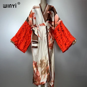 WINYI kimono fashion maxi dress beach wear cover-up abaya dubai luxury Cardigan beach outfits for women Broke jeans sleeves coat 1