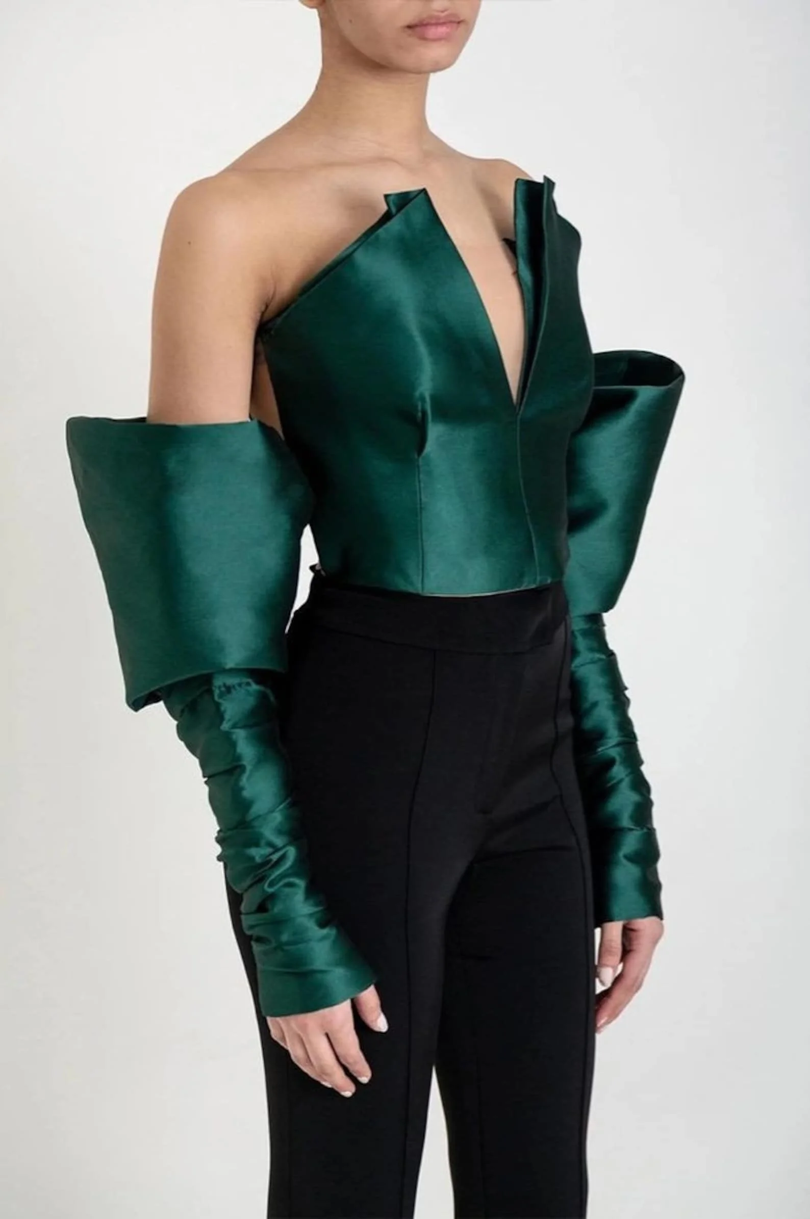 Fashion Green Corset Tank Tops with Detachable Sleeves V-neck Invisible Backless Vintage Punk Women's Top for Runway Show#18449