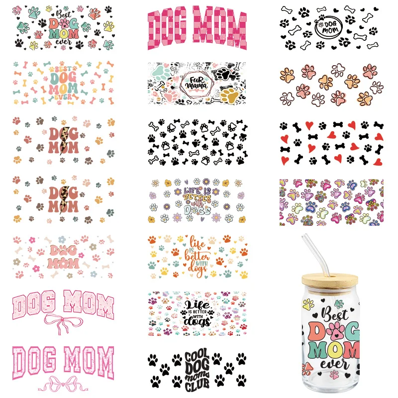 Dog Mom UV DTF Wrap Transfer Stickers Cartoon Cute Design DTF Wrap For Glasses Cups Bottles Decal Easy To Use