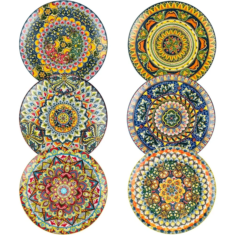 Ceramic Dinner Plates Set of 6, 10.5 Inch Porcelain Pasta, Salad, Steak Plates Set, Bohemia Style Hand Painted Serving Dishes