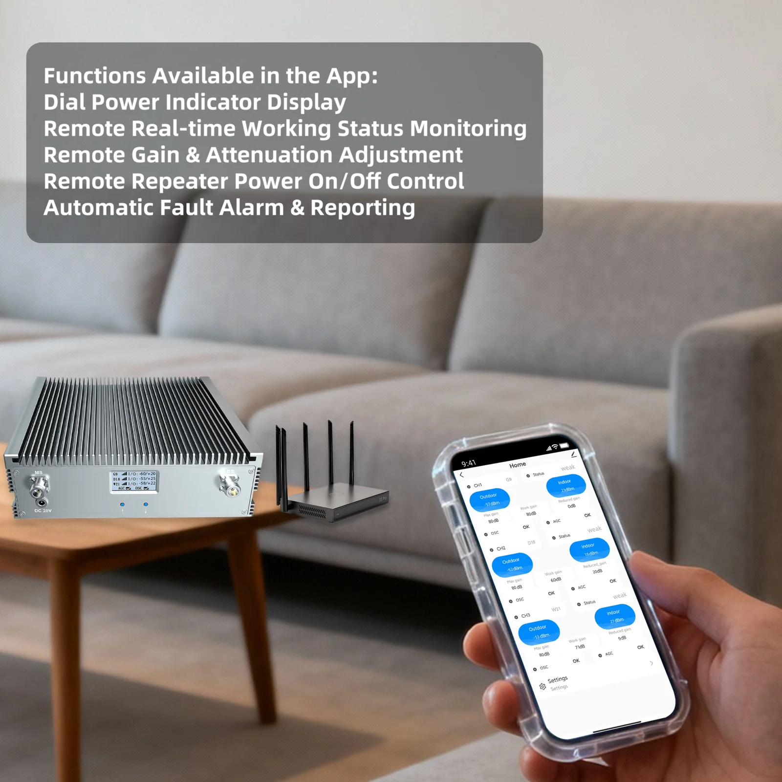 멀티씬 이지부스트 트라이밴드 부스터 키트 80dB 최대 게인 27dBm 출력 전력 850/1800/2100MHz 2G/3G/4G/5G GSM 가정 및 사무실용