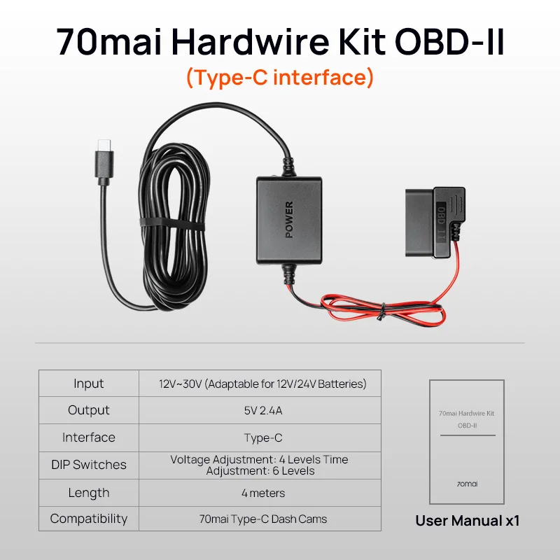 70mai Hardwire Kit OBD II Tpye-C USB-C interface for 70mai 4K Dash