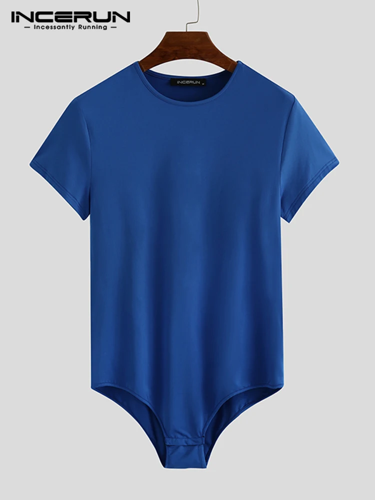 Men Bodysuit Solid Color Pajamas Sexy Breathable Short Sleeve O-neck Rompers Underwear Fitness S-5XL