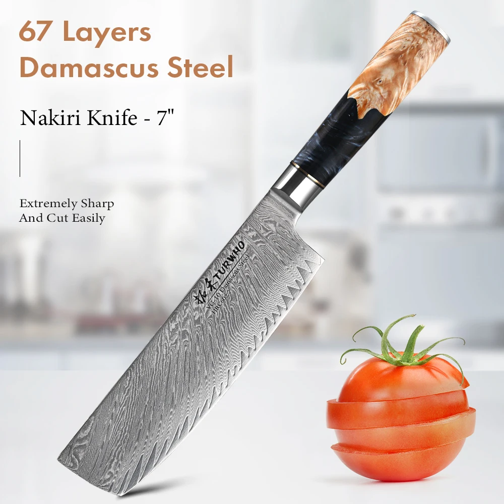 

TURWHO Japanese Kitchen Knives VG10 Damascus Stainless Steel Nakiri Knife Cooking Vegetables Tools Cutlery Cookware Resin Handle