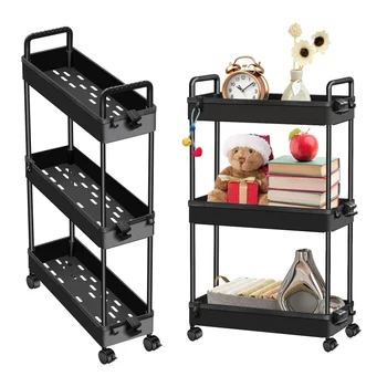 Carrello con ruote a 3 livelli con 360 °   Ruote e ganci, portaoggetti mobile con struttura in acciaio, cucina, bagno, ufficio, carrello spaziale confinato 1