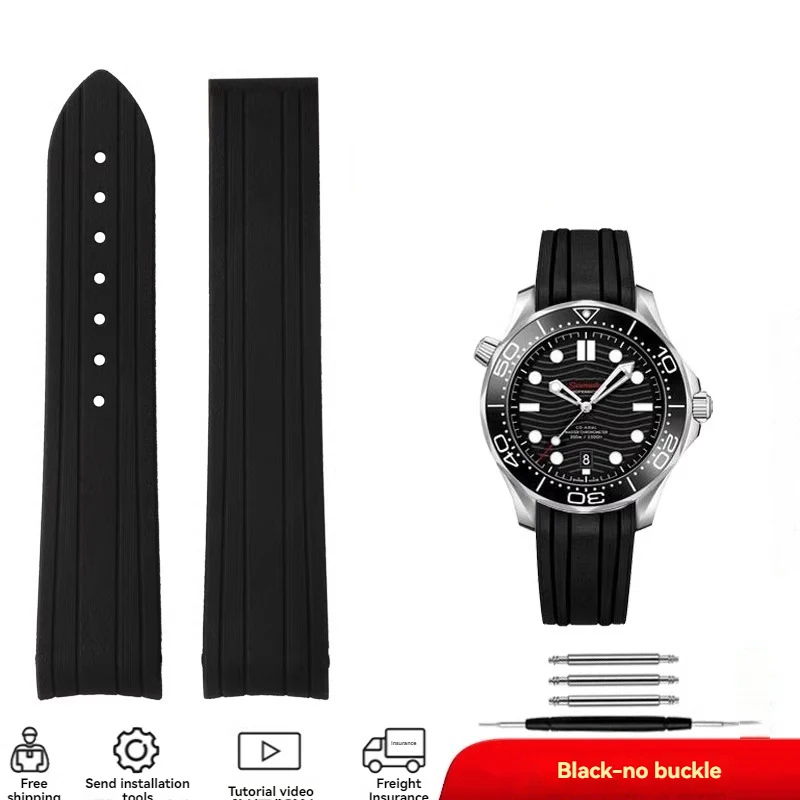 thumbnail image 1 of Correa de caucho fluorado FKM suave con extremo curvo de 20 mm para reloj de silicona Seiko, correa de reloj Omega Seamaster 300 AT150, negra y azul, 1 of 5
