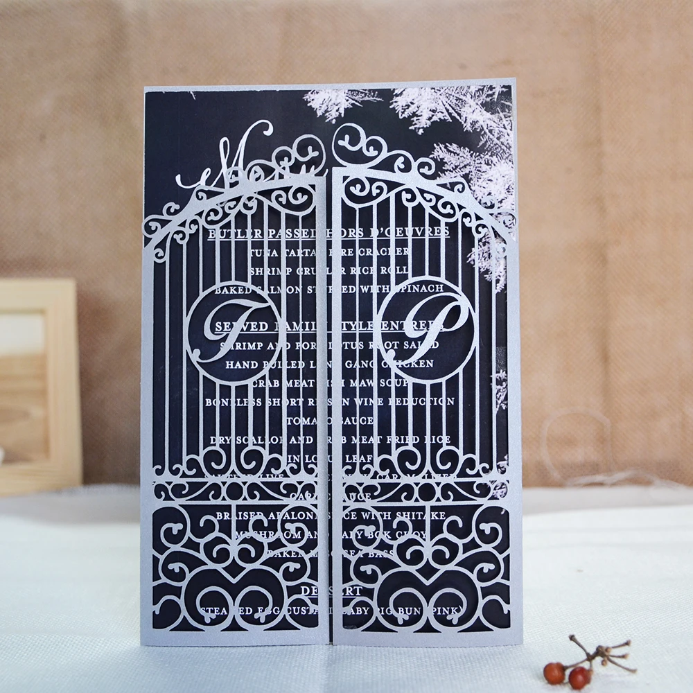Invitation Card with Free Name , Laser Cut, Wedding Gate, Love Door, Engagement Party, Black, Pink, Gold, 10 Pcs