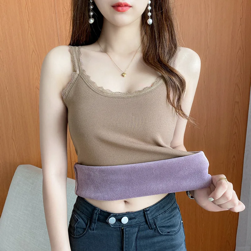 

Autumn And Winter Warm Tank Top Women's Plush Thickened Round Neck Slim Fit Inner Layup One Piece Plush Top Women's Bottom Shirt