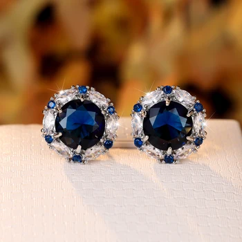 Luxury Royal Blue Stone Round Stud Earrings For Women Silver Color White Zircon Bridal Wedding Ear Studs Engagement Jewelry Gift