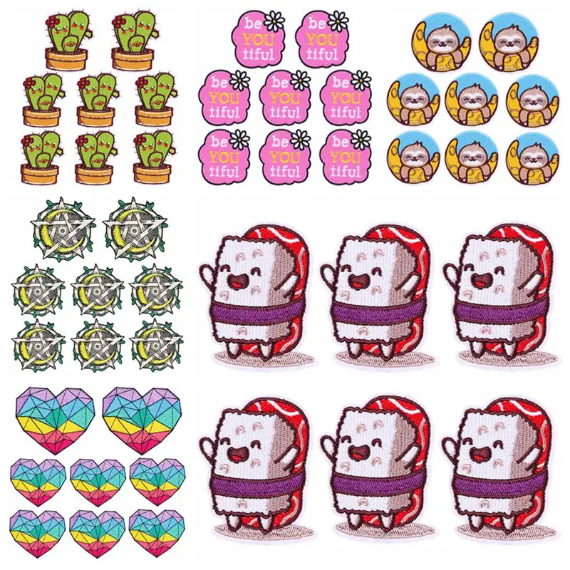 

10PCS/Lot Animal Sloth Sushi Cactus Embroidery Patch Iron On Patches For Clothing Thermoadhesive Patches On Clothes Sewing Patch