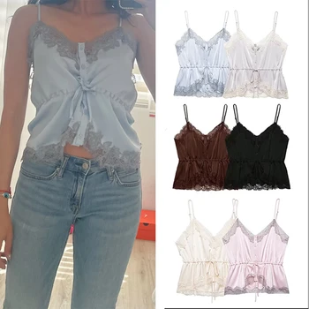 Women Satin Strappy Top 2026 Spring Summer Lace Romantic Holidays Lace Suspender Top Fashion  High Street Trendy Cute Tops