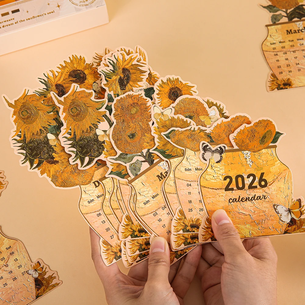 2026 Card Insert Desk Calendar Vintage Painting Monthly Planner With Wooden Base Desktop Decor For Monthly Schedule Organizer