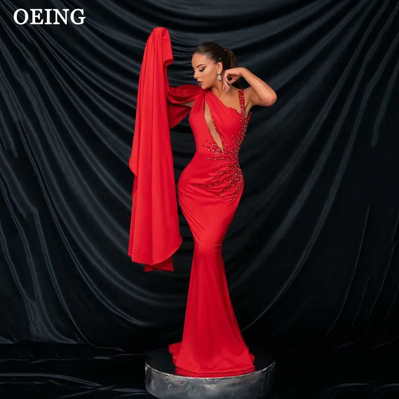 

OEING Red Prom Dress Elegant One-Shoulder Beading Cape Mermaid Evening Gown Floor Length Formal Occasion Vestidos De Noche Gala