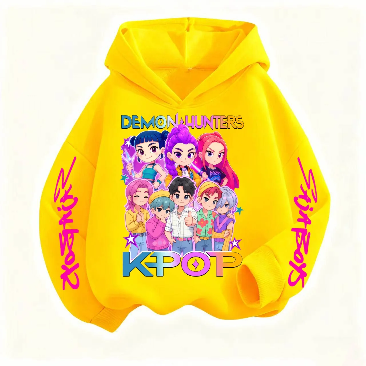 Sweat Fille K-pop Demon Hunters Blanc à Capuche Avec Motif Huntrix Et Personnages 1