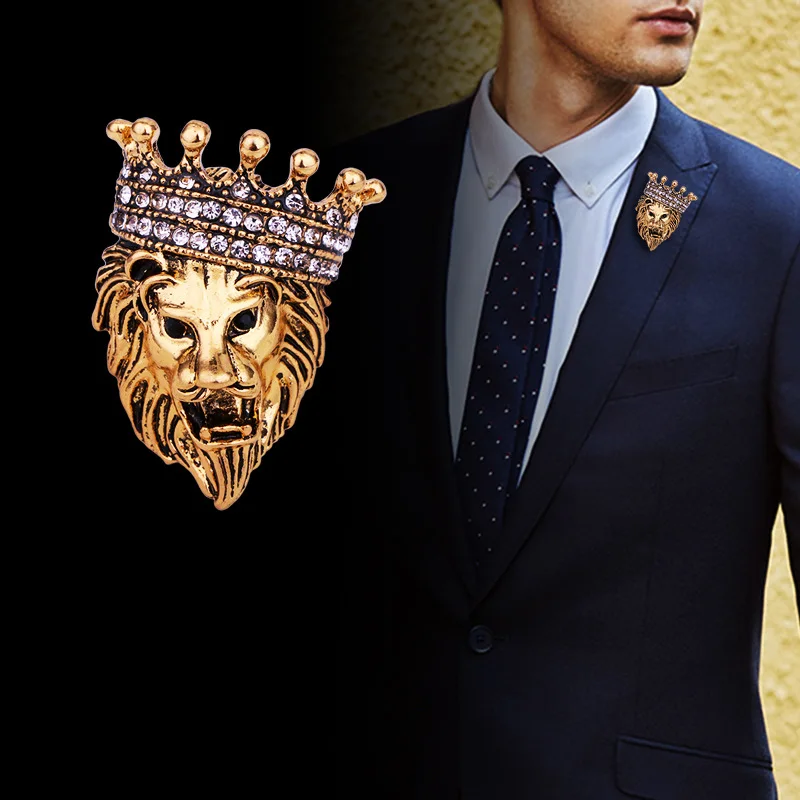

Luxury Brooch Man Suit Shirt Collar Lapel Pins For Mens Vintage Fashion Lion Crown Brooches For Wedding Jewelry Badges Metal Pin