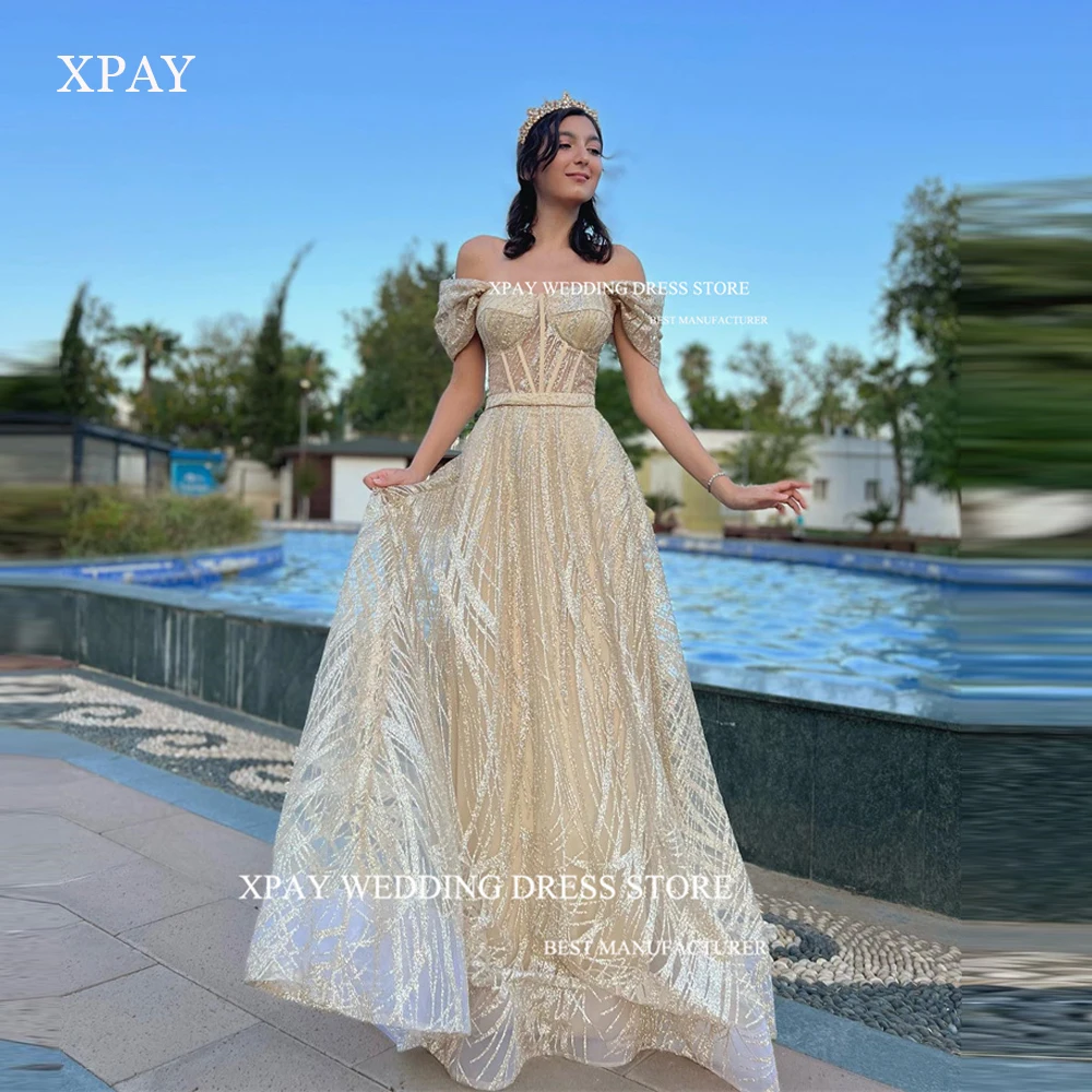 

XPAY Glitter A Line Lace Evening Dresses Champagne Dubai Arabic Women Off the Shoulder Sleeves Boning Prom Gowns Formal Occasion