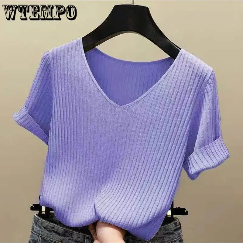 

Новинка лета, тонкий женский трикотажный топ WTEMPO из ледяного шелка, модные повседневные тонкие трикотажные топы с V-образным вырезом, однотонные Топы с коротким рукавом