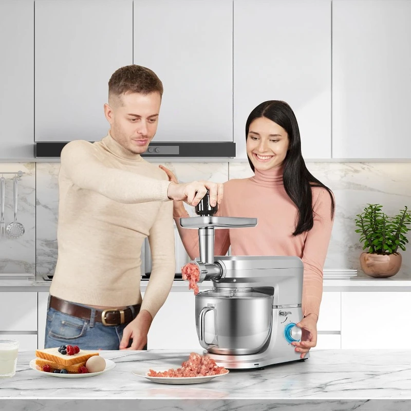 6 in 1 Multi-function Stand Mixer 10-speed Tilt Head Meat Grinder Juicer Vegetable Slicer Pasta and Cookie Maker Silver 2