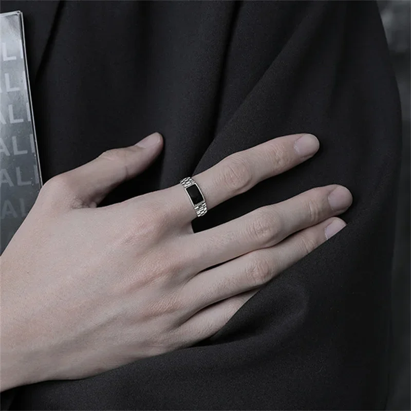 Silver Rings Silver Ring Wedding Rings Crystal Black Rectangle Ring Male Wedding Finger Accessories Classic Square Ring 925 Men Jewelry Adjustable