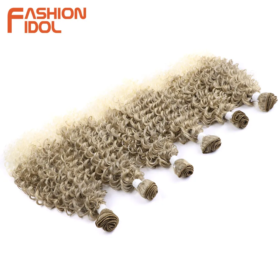 FASHION IDOL Deep Wave Hair Weave Ombre Brown Color Synthetic Hair Extensions 6pcs 22 24 26 inch Afro Kinky Curly Hair Bundles 4