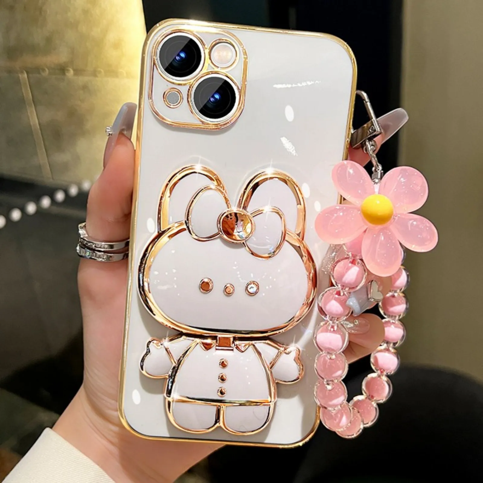 Bunny Mirror Holder Silicone flower Strap Plating Phone Case For iphone 15 14 12 Max MiNi 11 13 Pro X XS XR 7 8 + SE_voghion.com