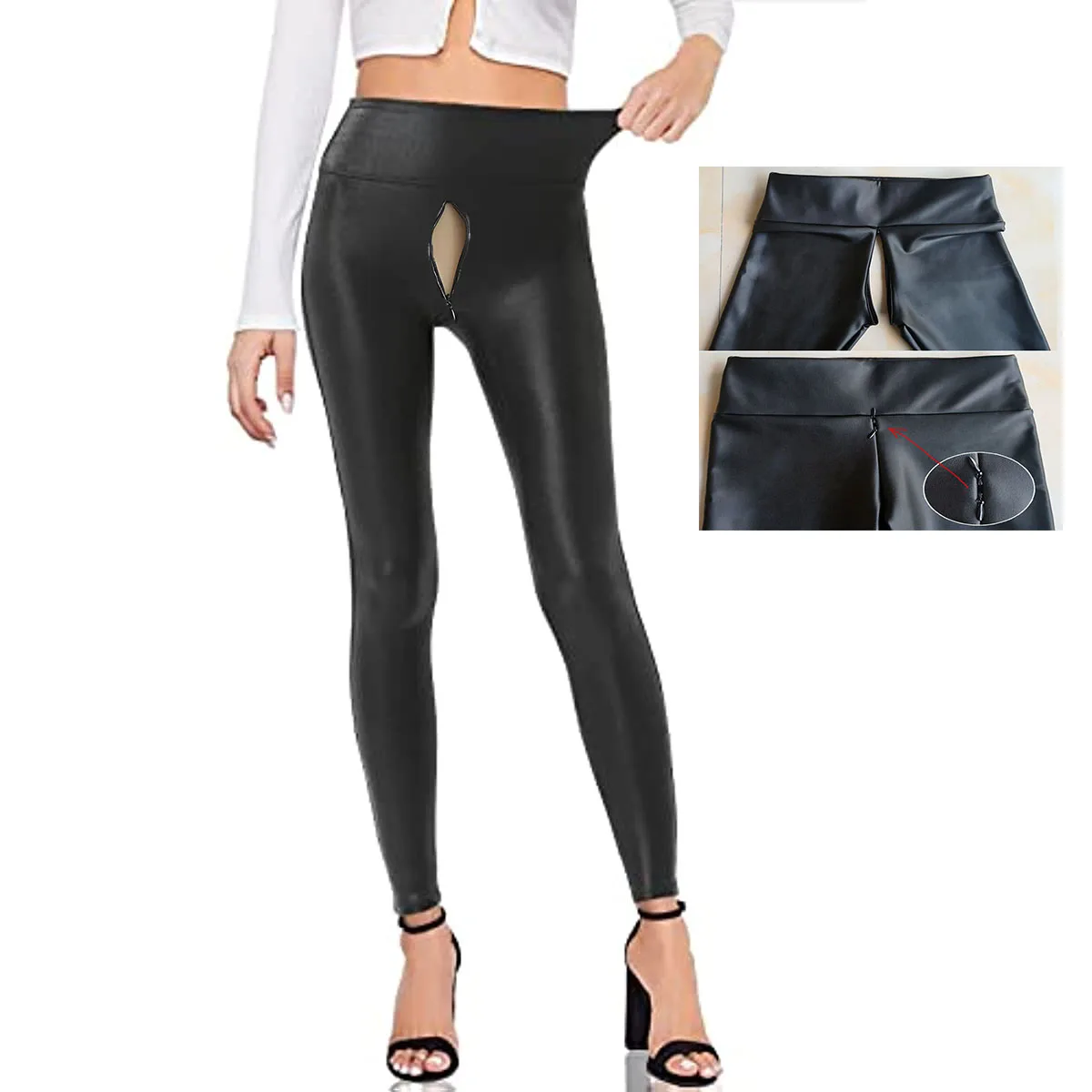 Sexy Invisible Open-crotch Pants Outdoor Sex Stretch Faux Leather Leggings Tummy Control High Waist Leather Leggings for Women