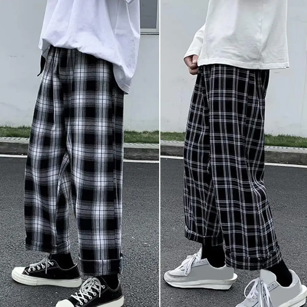 Autumn Men Pants Plaid Streetwear Wide Leg Elastic Waist Loose Sports Pants Trousers Checkered Wide Leg Pants for Travel 2
