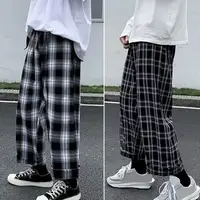 Autumn Men Pants Plaid Streetwear Wide Leg Elastic Waist Loose Sports Pants Trousers Checkered Wide Leg Pants for Travel 2