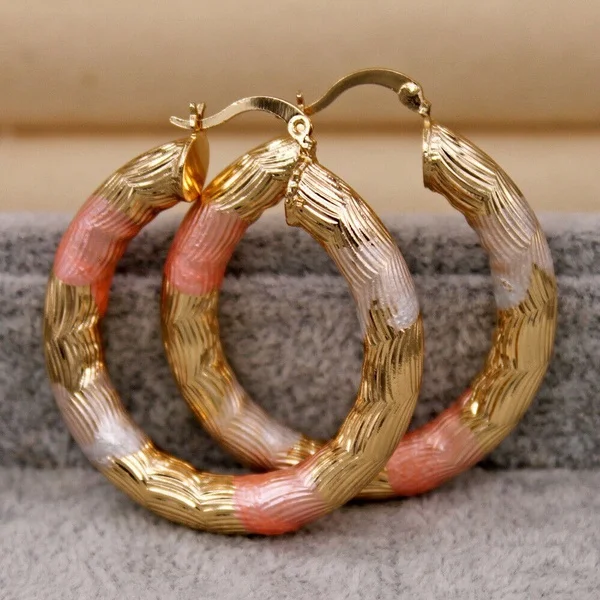 Gold color - Crude Tube Swirl Multilayer Circle 3-Color Plated Earrings - Image 4