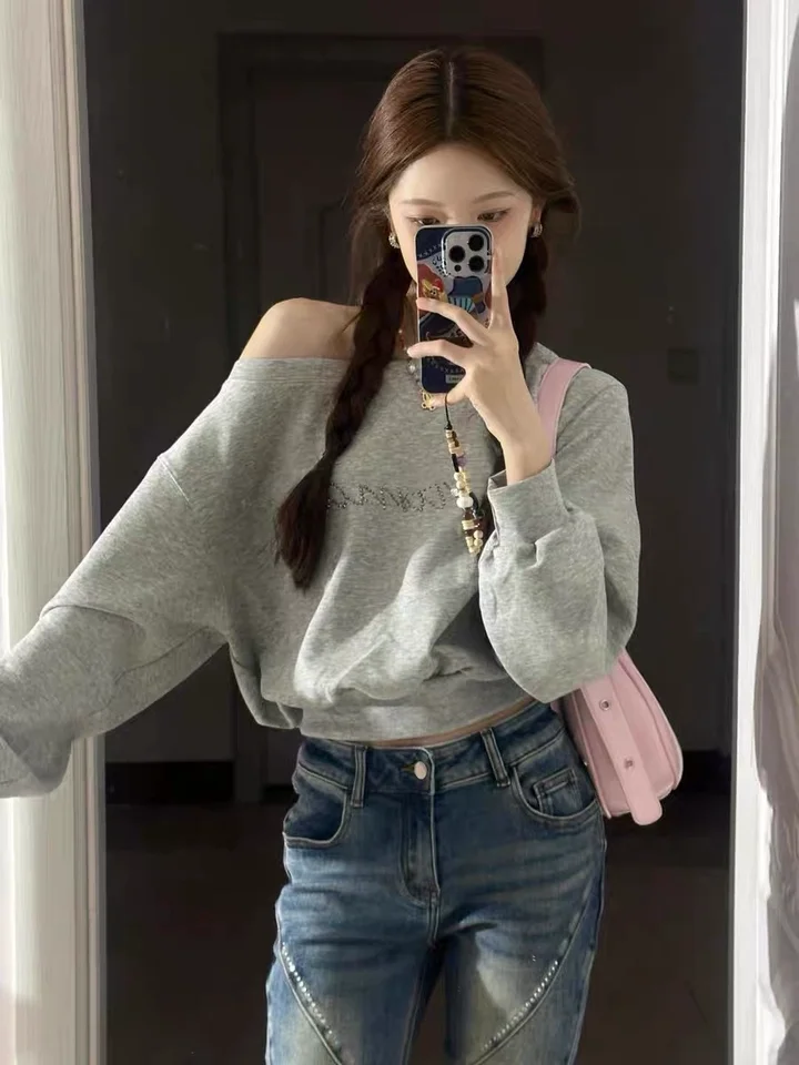 Cropped Off-Shoulder Hoodie - Womens Baggy Fashion Sweatshirt Aesthetic Streetwear