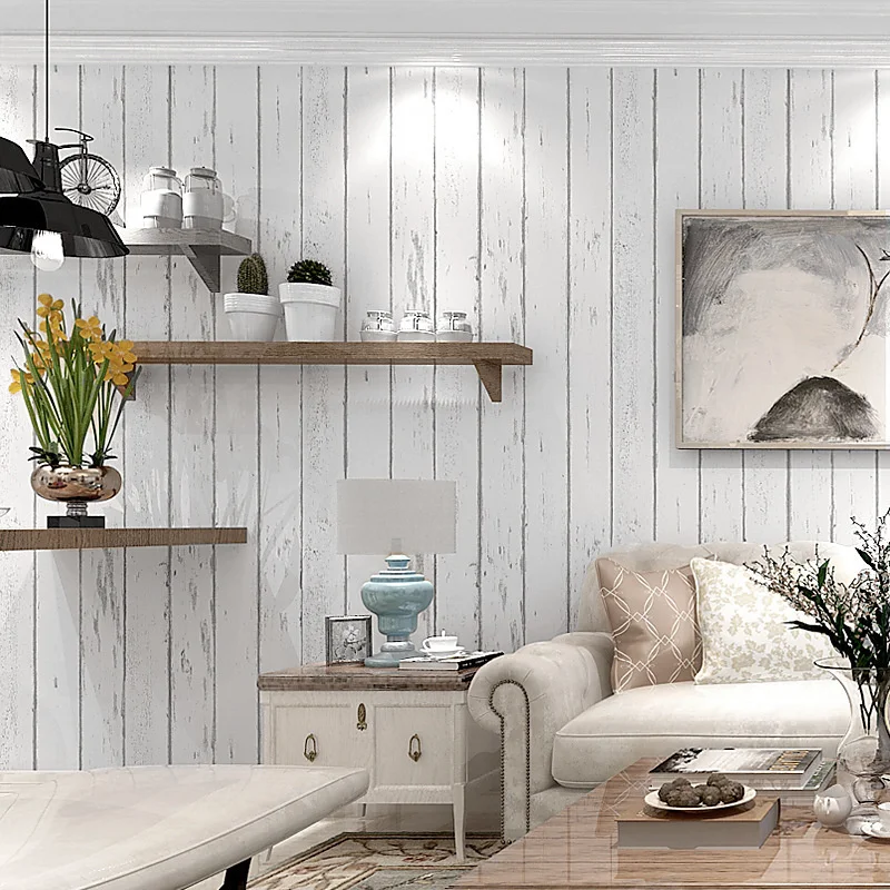 White stripe Mediterranean style nostalgic wood grain non woven wallpaper bedroom living room background wall wallpaper