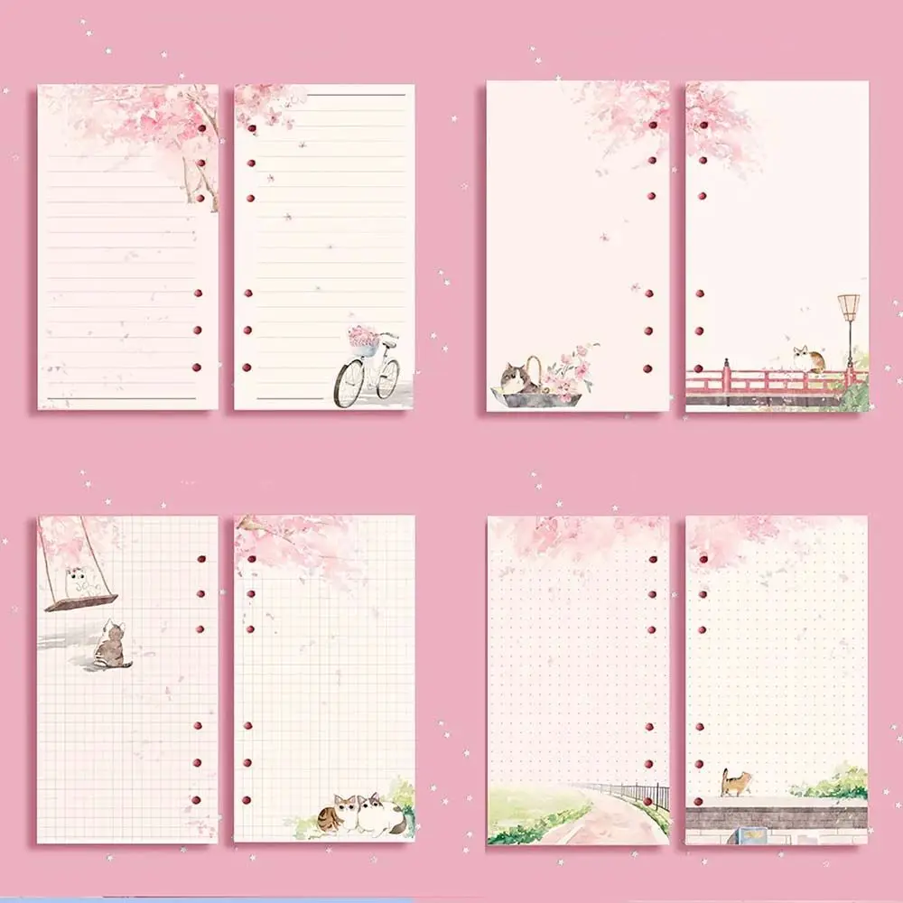 느슨한 잎 사쿠라 및 고양이 바인더 빈 Agendapages 노트북 내부 페이지 라인 페이지 그리드 페이지 삽입 종이 방명록, 80 매